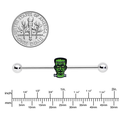 14G Frankenstein Head Green Glow in Dark Industrial Barbell 38mm