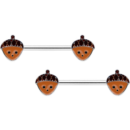 14G 9/16 Autumn Acorn Face Brown Fall Barbell Nipple Ring Set