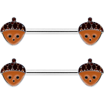 14G 9/16 Autumn Acorn Face Brown Fall Barbell Nipple Ring Set