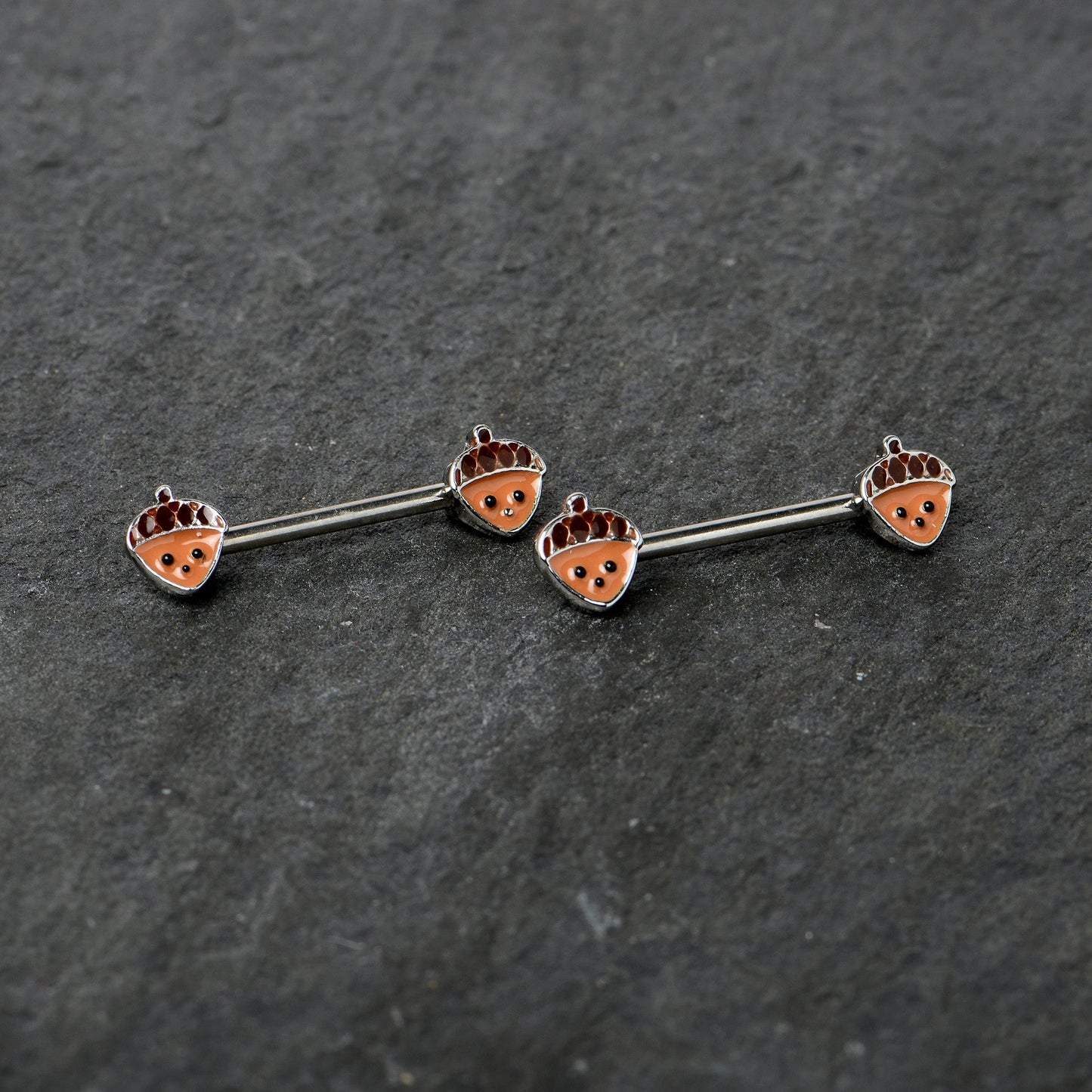 14G 9/16 Autumn Acorn Face Brown Fall Barbell Nipple Ring Set