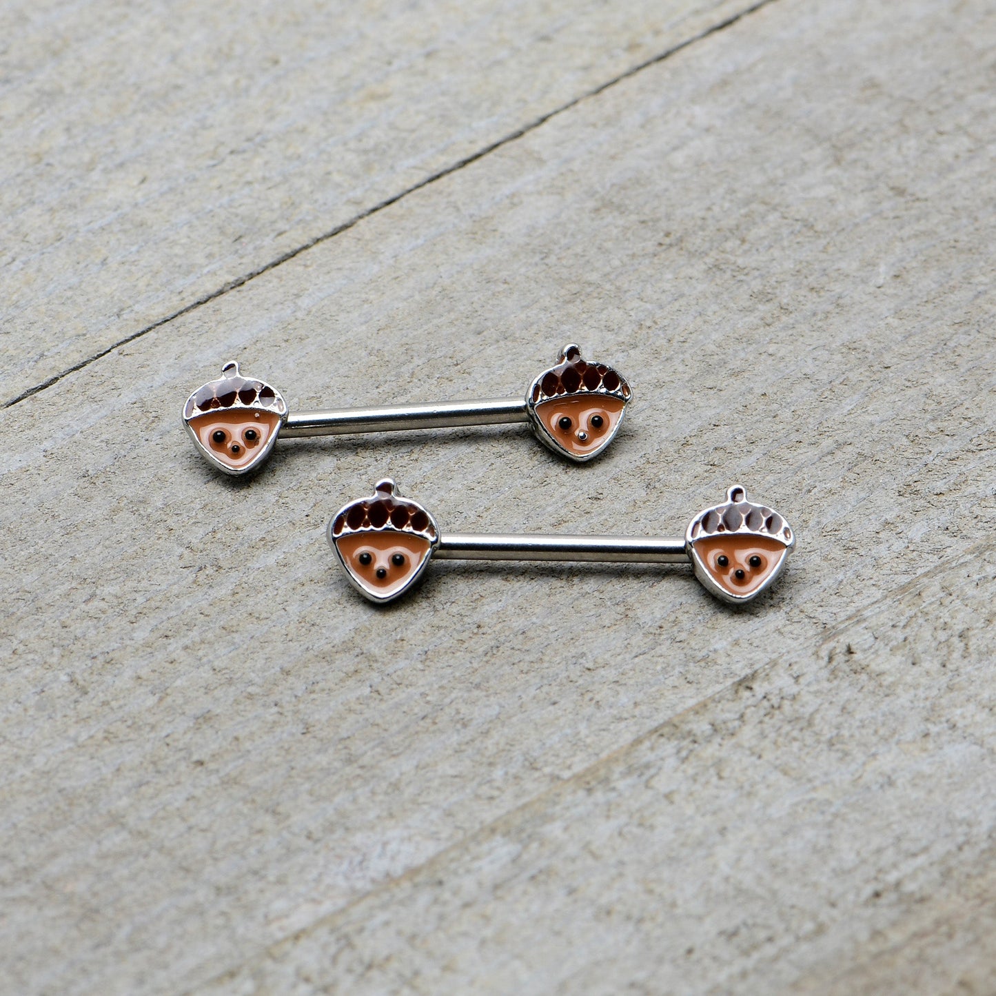 14G 9/16 Autumn Acorn Face Brown Fall Barbell Nipple Ring Set