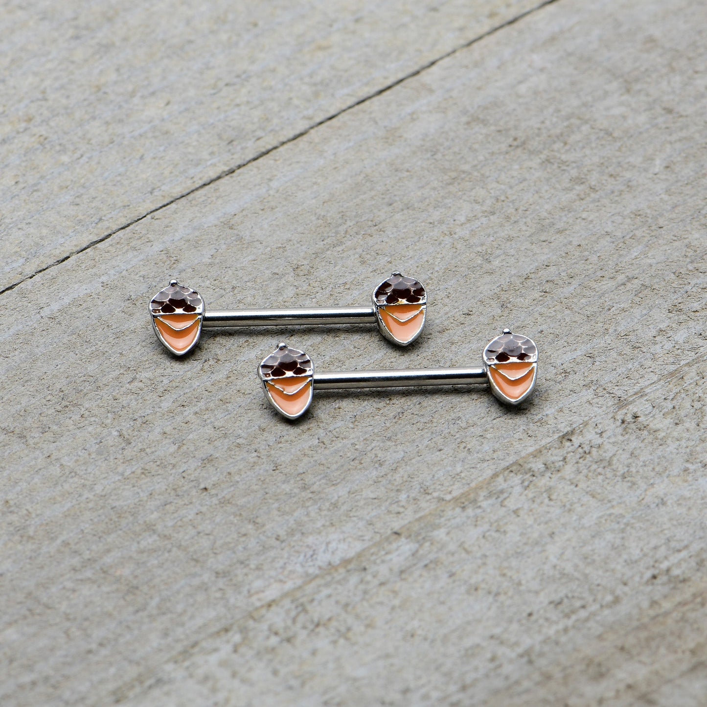14G 9/16 Autumn Acorn Brown Orange Barbell Nipple Ring Set