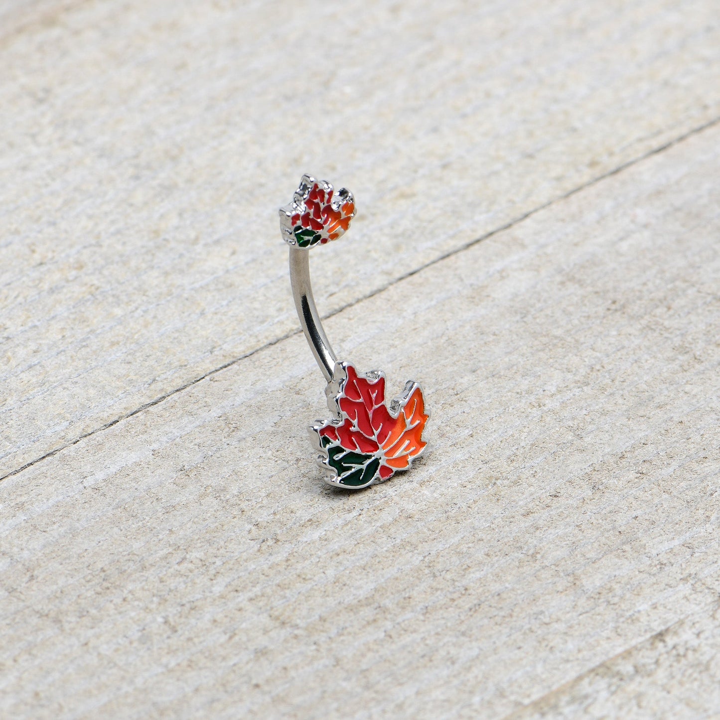 Autumn Tricolor Maple Leaves Red Green Orange Double Mount Belly Ring