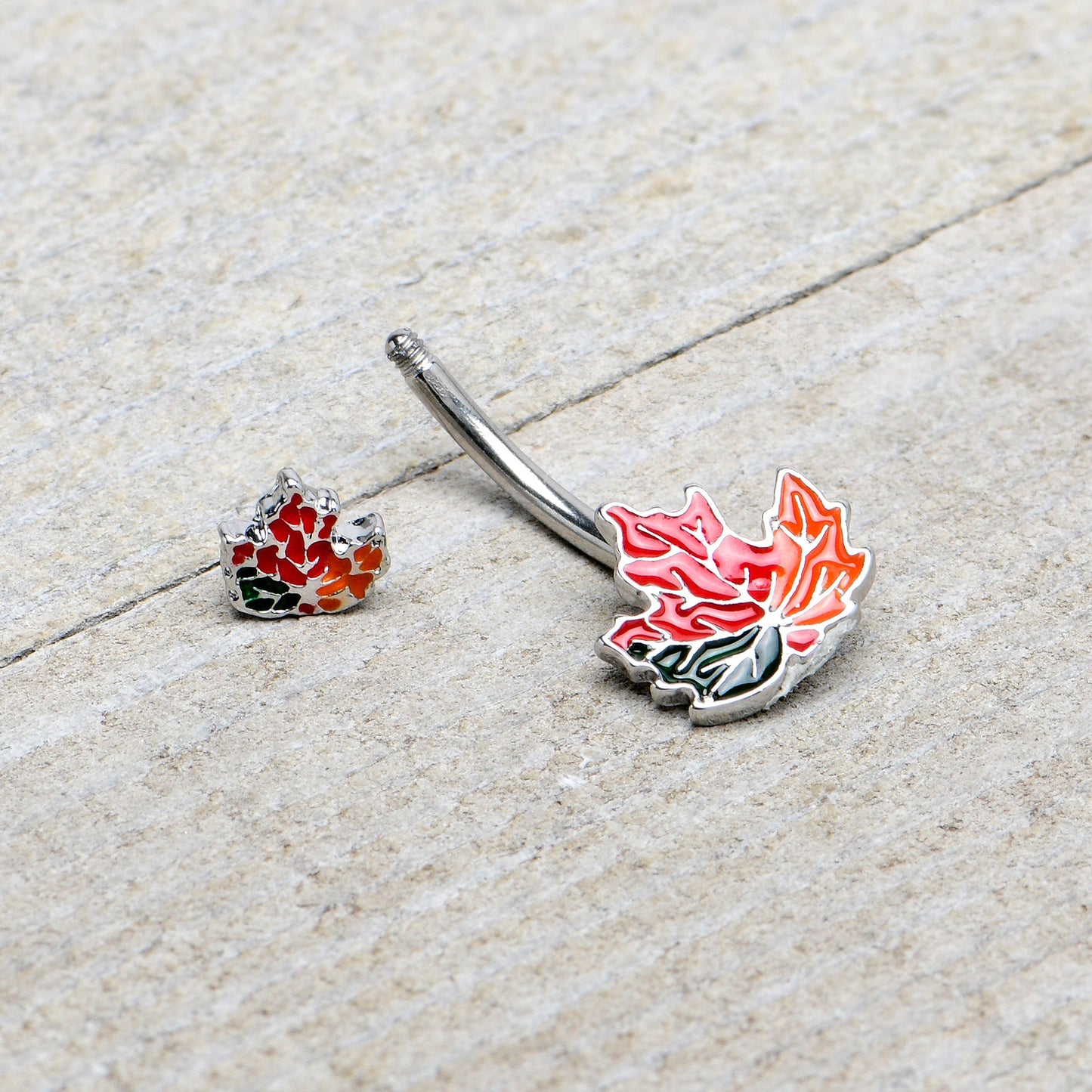 Autumn Tricolor Maple Leaves Red Green Orange Double Mount Belly Ring