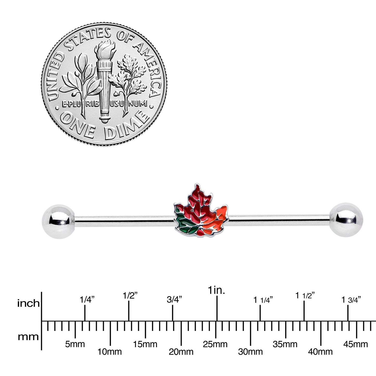 14G Autumn Tricolor Red Maple Leaf Industrial Barbell 38mm