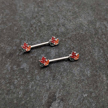 14G 9/16 Autumn Tricolor Maple Leaf Barbell Nipple Ring Set
