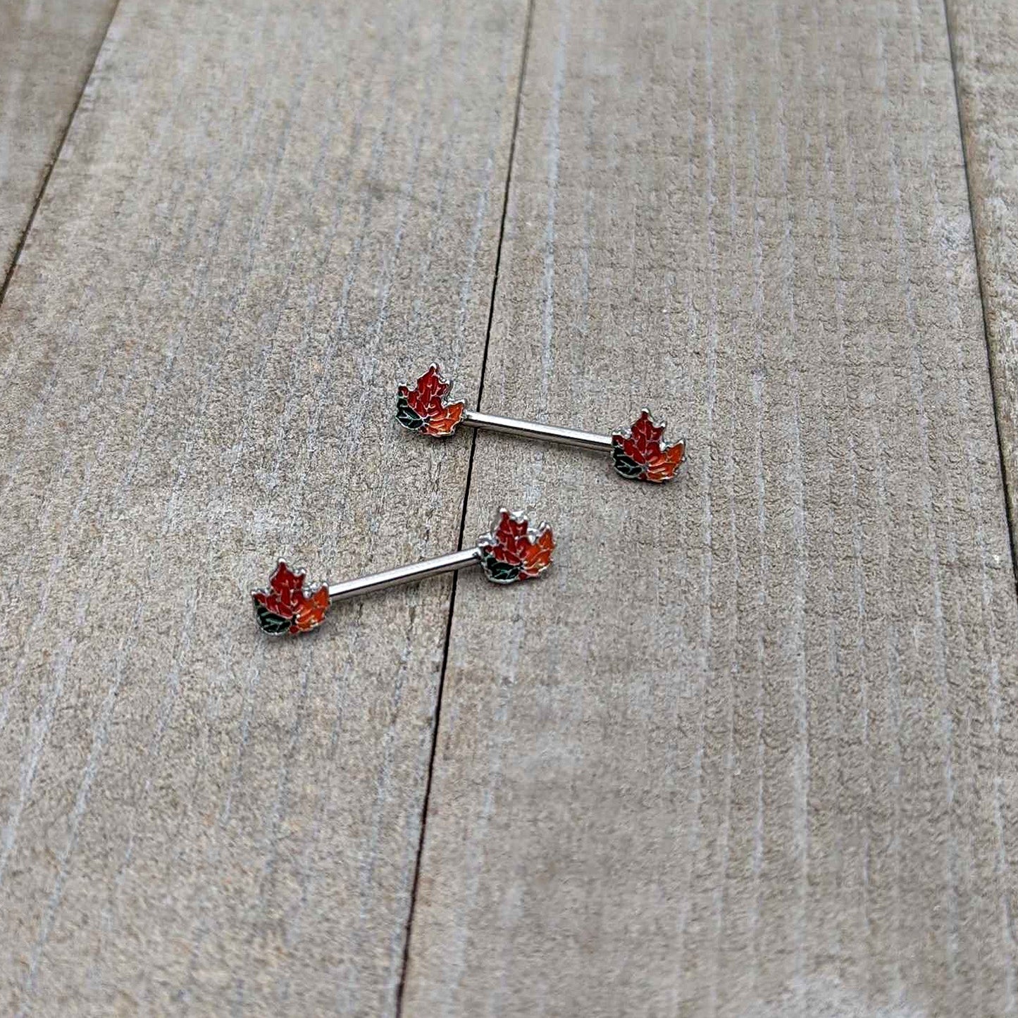 14G 9/16 Autumn Tricolor Maple Leaf Barbell Nipple Ring Set