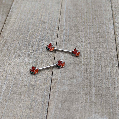 14G 9/16 Autumn Tricolor Maple Leaf Barbell Nipple Ring Set