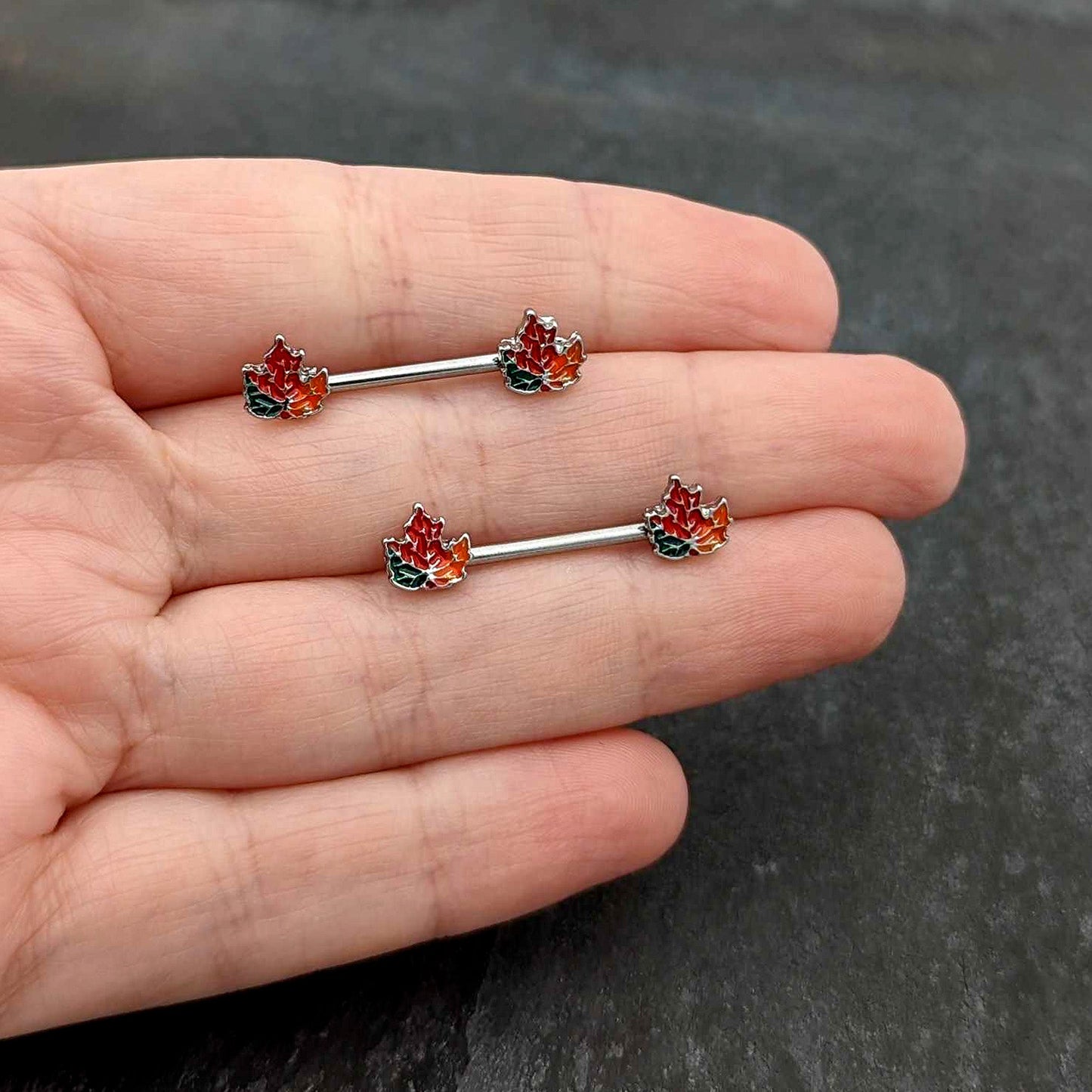 14G 9/16 Autumn Tricolor Maple Leaf Barbell Nipple Ring Set