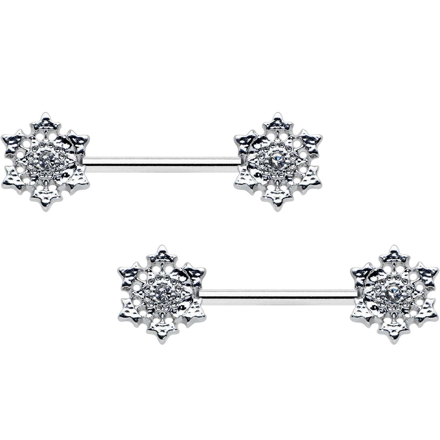 14G 9/16 Clear Gem Filigree Winter Snowflake Nipple Ring Set