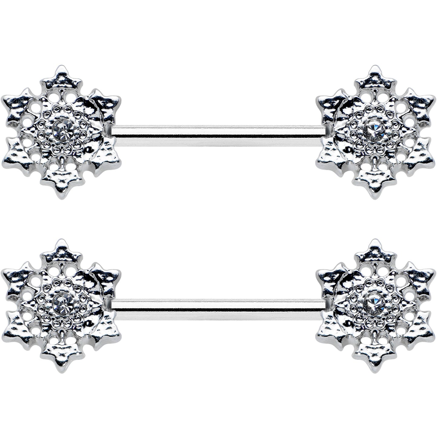 14G 9/16 Clear Gem Filigree Winter Snowflake Nipple Ring Set
