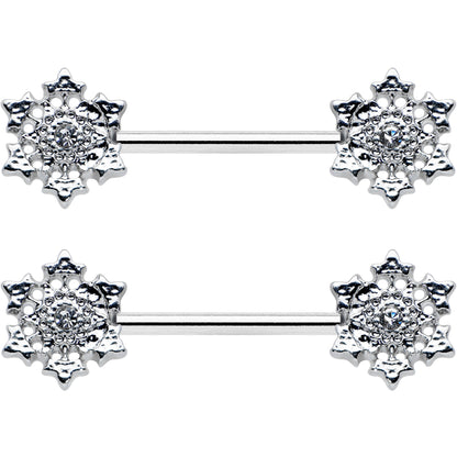 14G 9/16 Clear Gem Filigree Winter Snowflake Nipple Ring Set