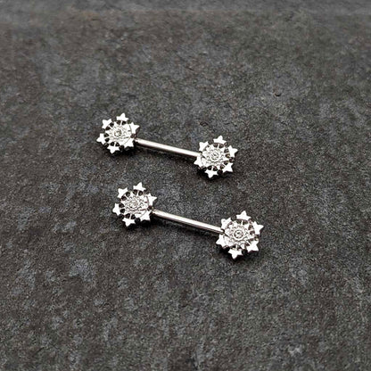 14G 9/16 Clear Gem Filigree Winter Snowflake Nipple Ring Set