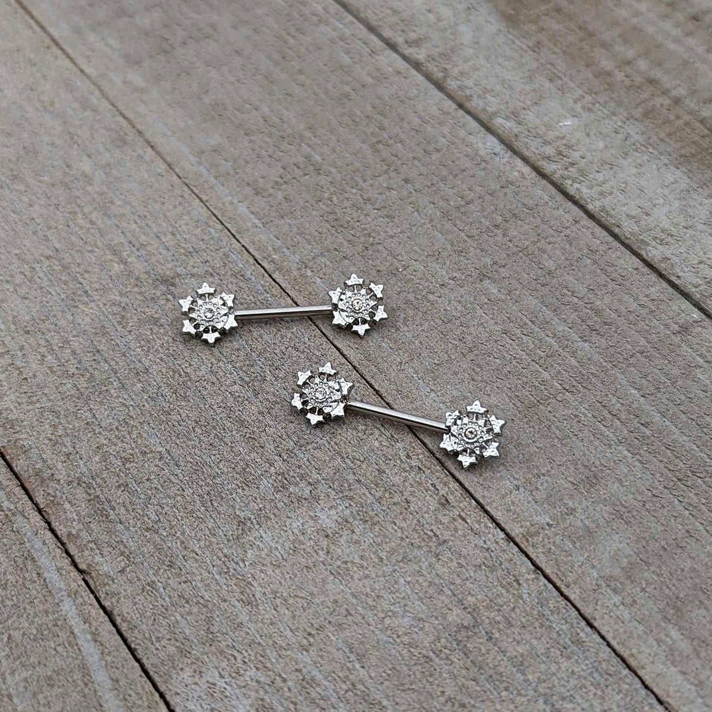 14G 9/16 Clear Gem Filigree Winter Snowflake Nipple Ring Set