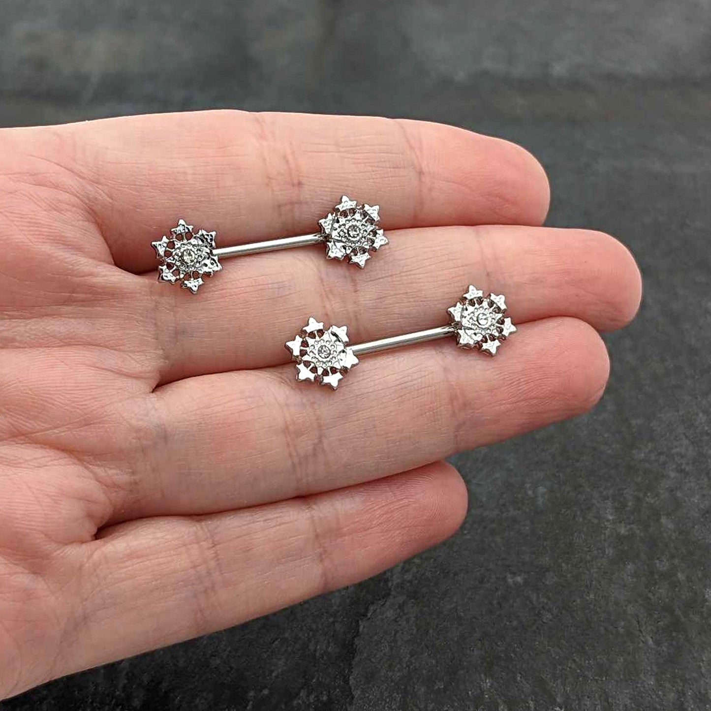 14G 9/16 Clear Gem Filigree Winter Snowflake Nipple Ring Set