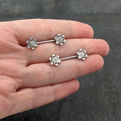 14G 9/16 Clear Gem Filigree Winter Snowflake Nipple Ring Set