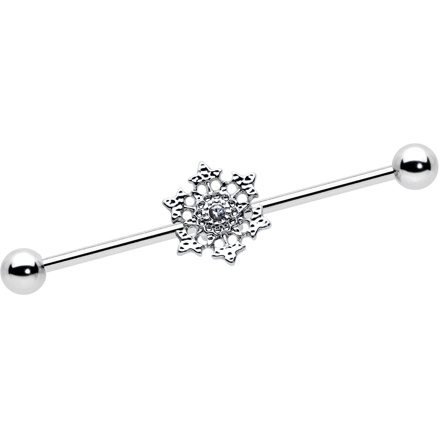 14G Clear Gem Filigree Winter Snowflake Industrial Barbell 38mm