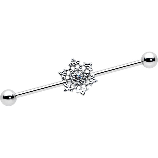 14G Clear Gem Filigree Winter Snowflake Industrial Barbell 38mm