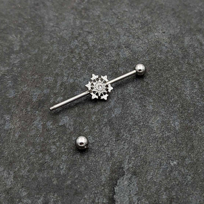 14G Clear Gem Filigree Winter Snowflake Industrial Barbell 38mm