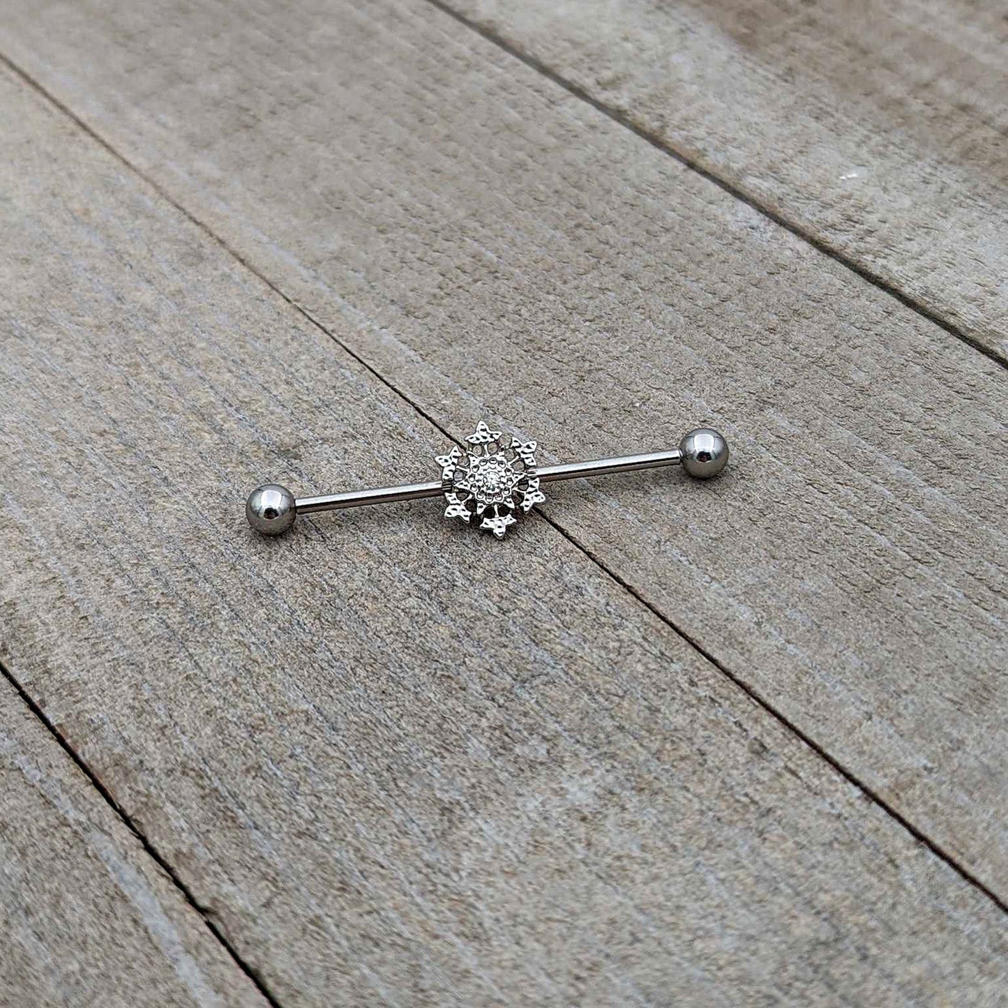 14G Clear Gem Filigree Winter Snowflake Industrial Barbell 38mm