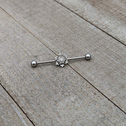 14G Clear Gem Filigree Winter Snowflake Industrial Barbell 38mm