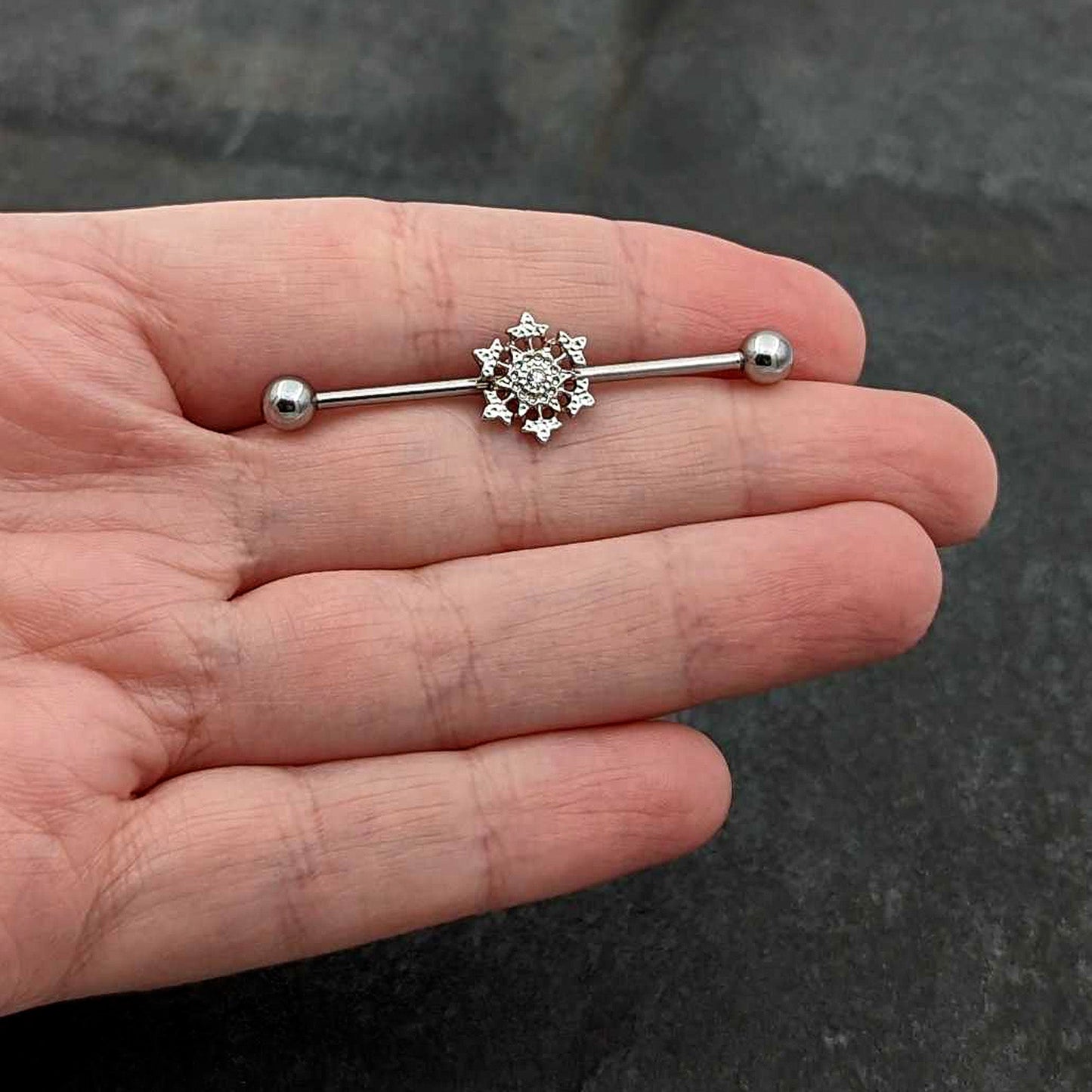 14G Clear Gem Filigree Winter Snowflake Industrial Barbell 38mm