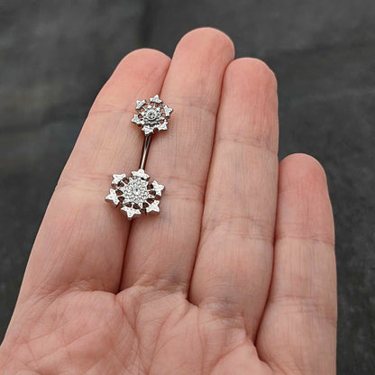 Clear Gem Filigree Winter Snowflakes Double Mount Belly Ring