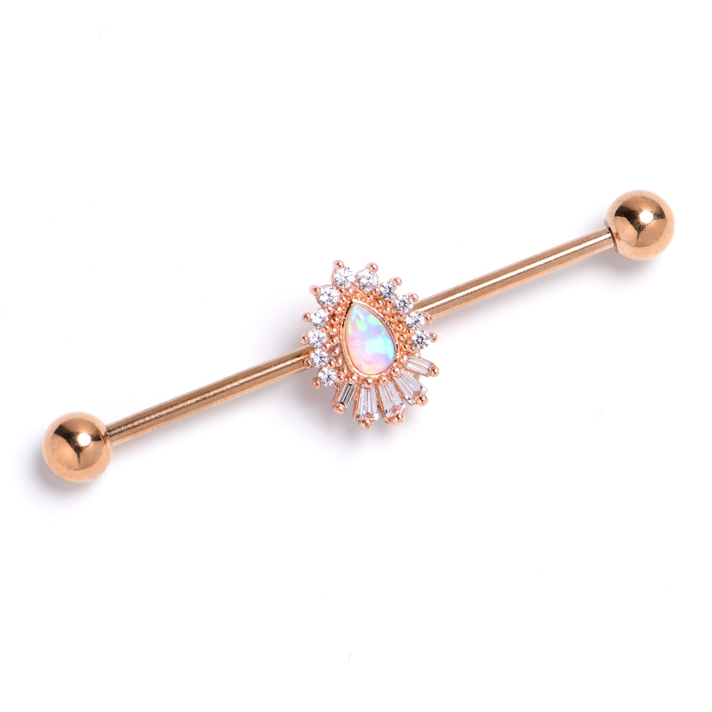 14G White Synthetic Opal Rose Gold Tone Swank Industrial Barbell 38mm