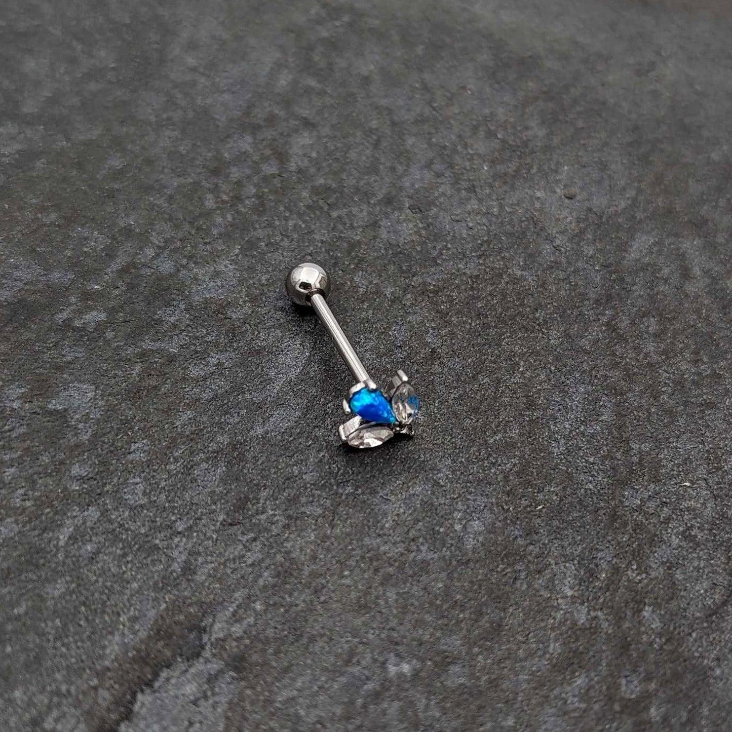 Blue Synthetic Opal Style Flower Barbell Tongue Ring