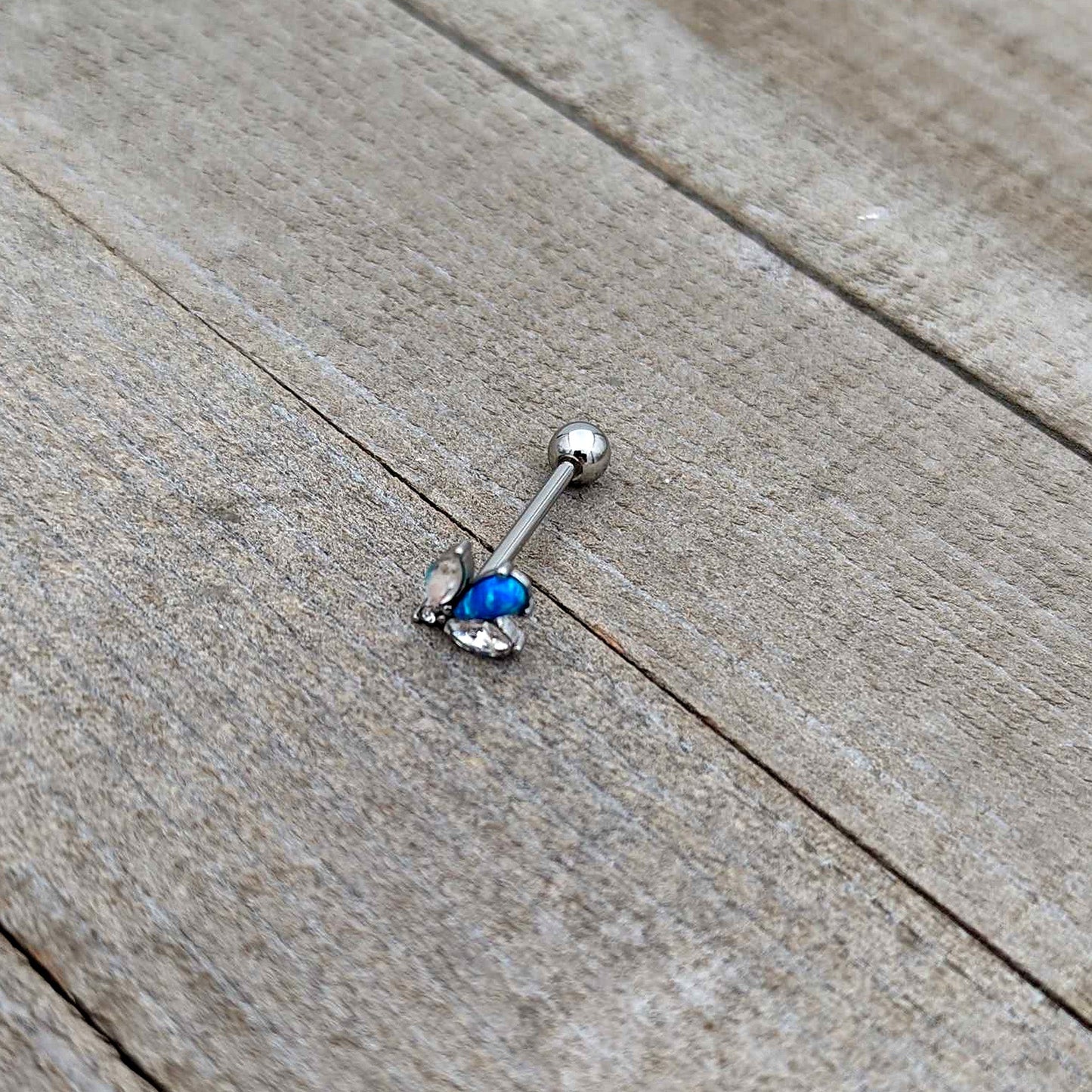 Blue Synthetic Opal Style Flower Barbell Tongue Ring