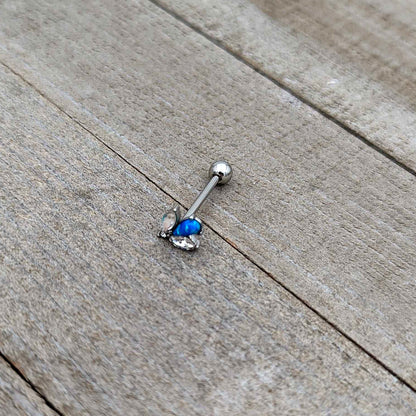 Blue Synthetic Opal Style Flower Barbell Tongue Ring