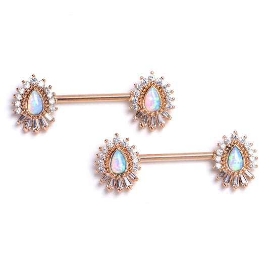 14G 9/16 White Synthetic Opal Rose Gold Tone Barbell Nipple Ring Set