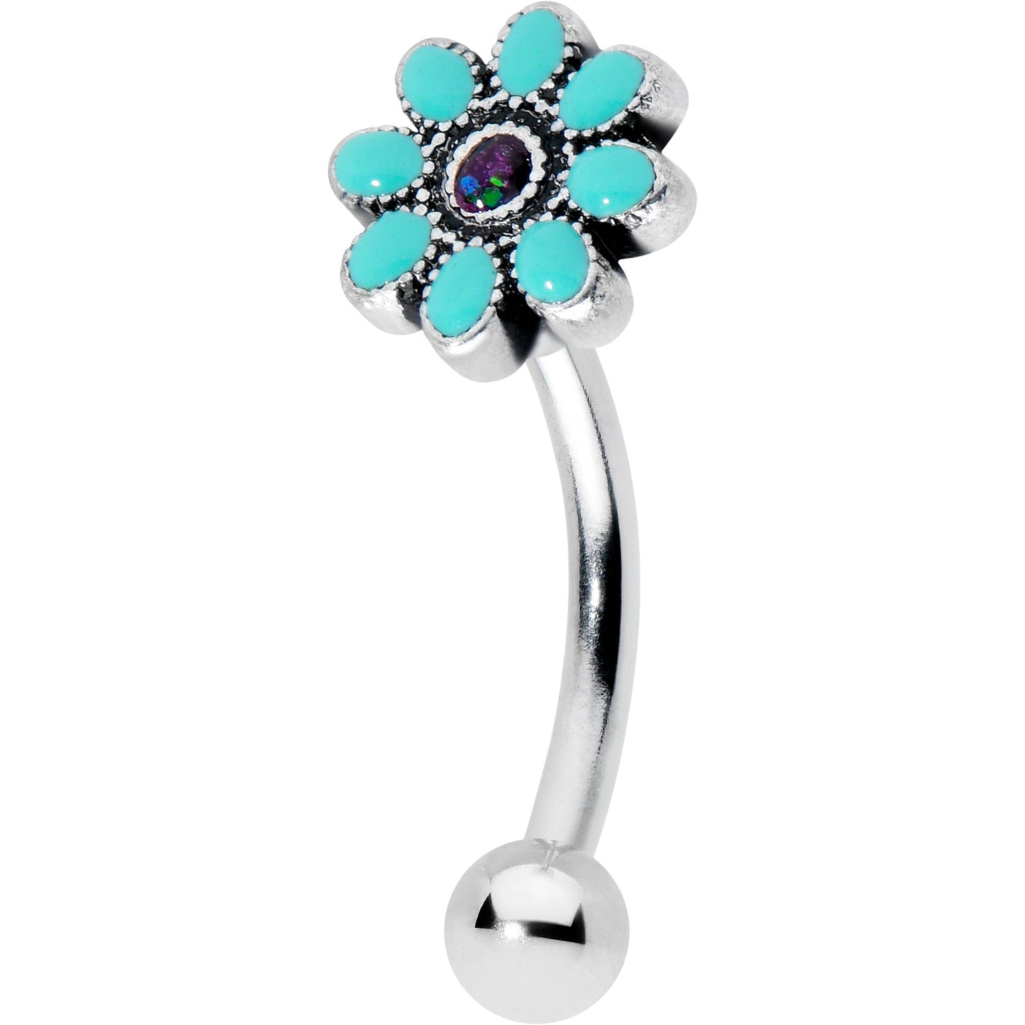 16G 5/16 Blue Gem Flower Teal Petals Curved Eyebrow Ring