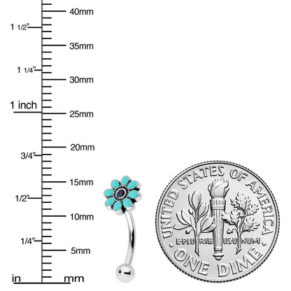 16G 5/16 Blue Gem Flower Teal Petals Curved Eyebrow Ring