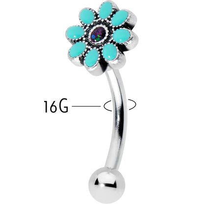 16G 5/16 Blue Gem Flower Teal Petals Curved Eyebrow Ring