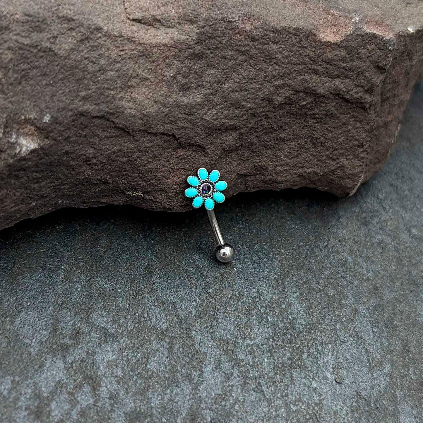 16G 5/16 Blue Gem Flower Teal Petals Curved Eyebrow Ring