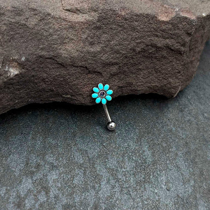 16G 5/16 Blue Gem Flower Teal Petals Curved Eyebrow Ring