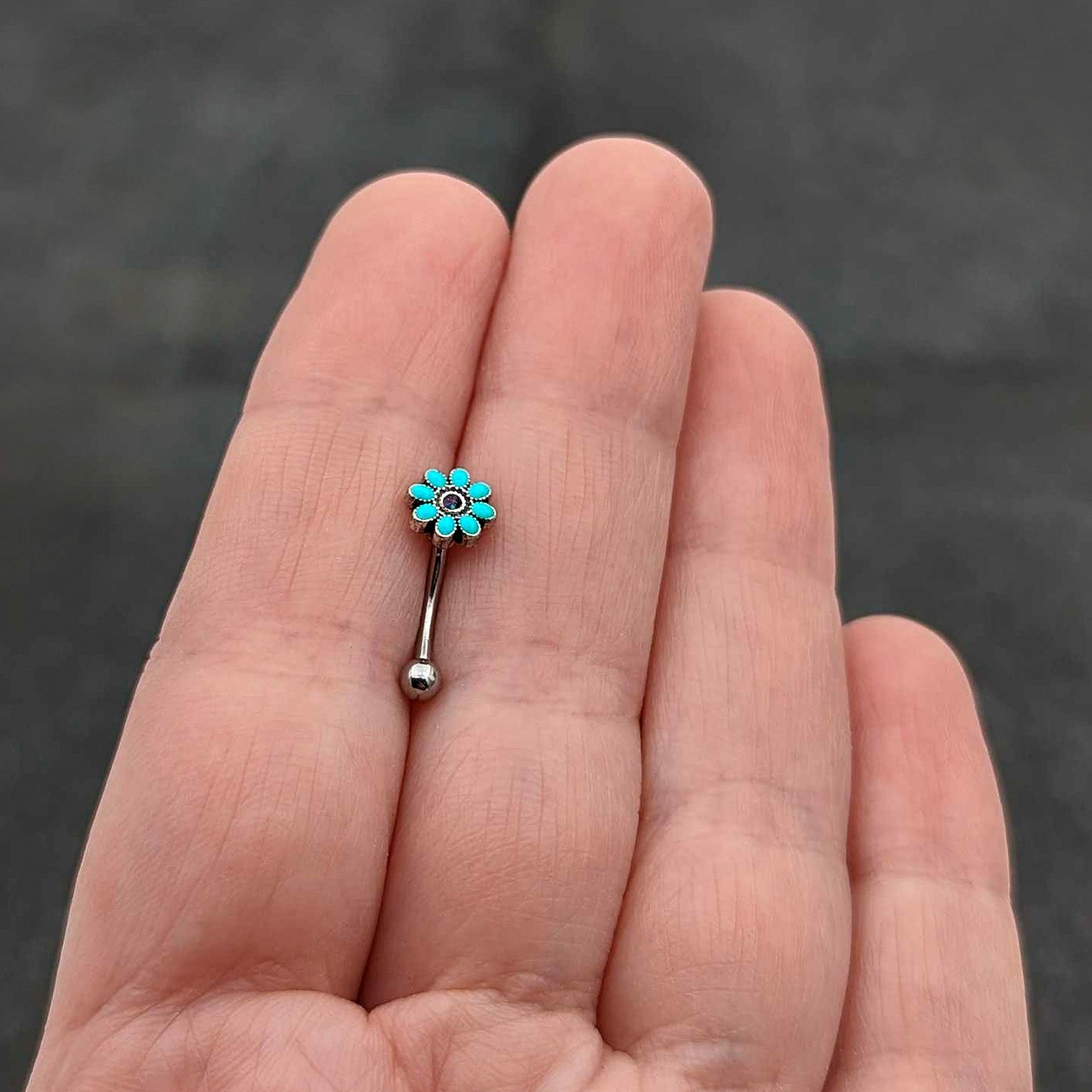 16G 5/16 Blue Gem Flower Teal Petals Curved Eyebrow Ring