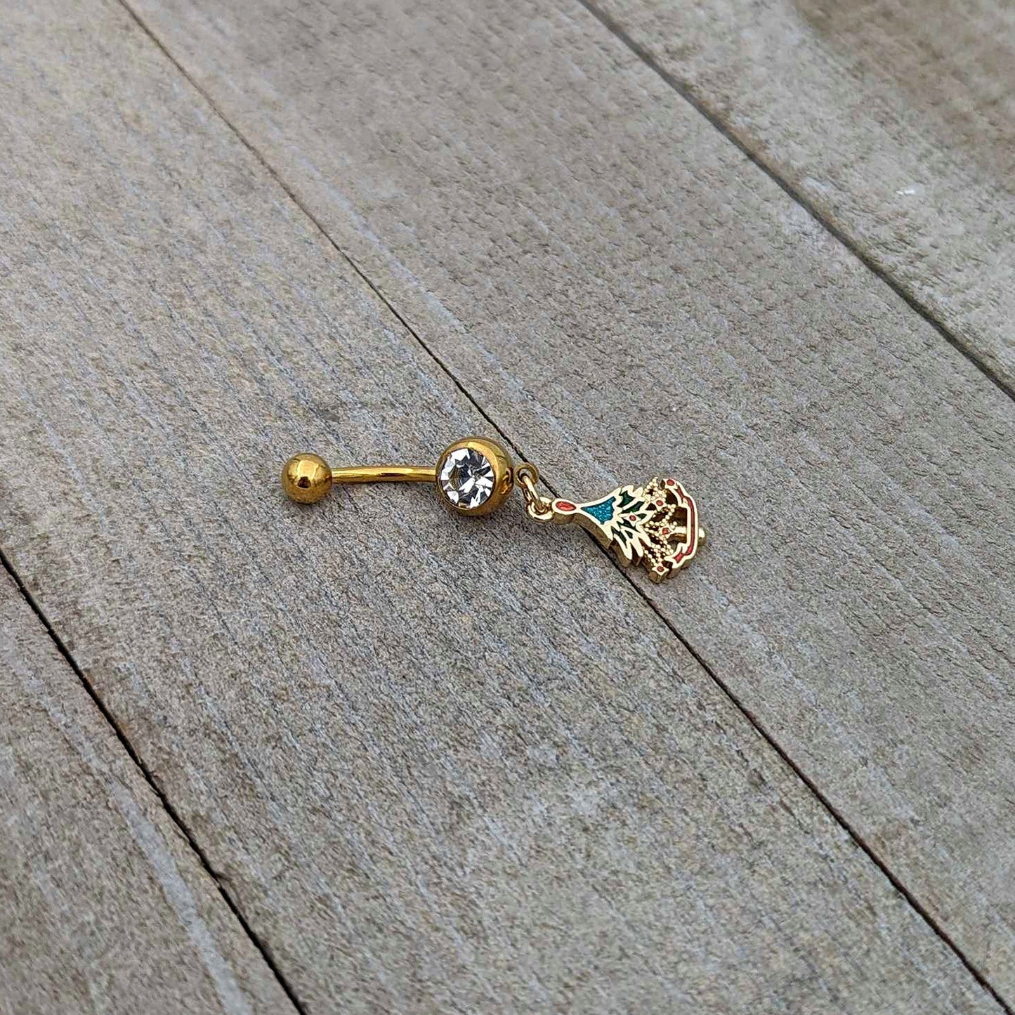 Clear Red Gem Gold Tone Decorated Holiday Tree Dangle Belly Ring