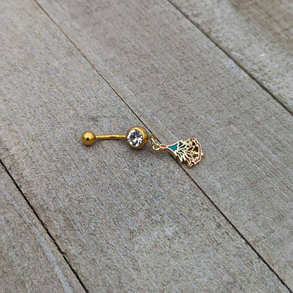 Clear Red Gem Gold Tone Decorated Holiday Tree Dangle Belly Ring