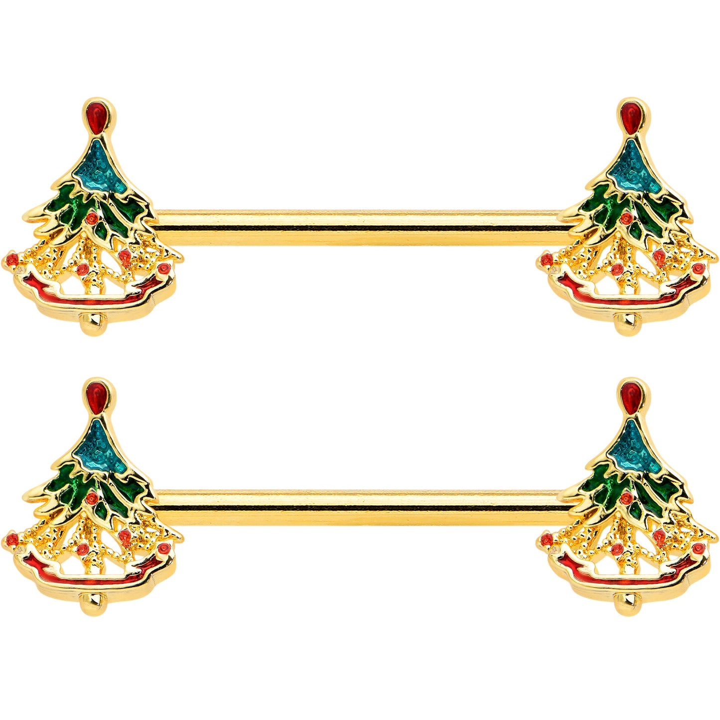 14G 9/16 Red Gem Gold Hue Deco Holiday Tree Barbell Nipple Ring Set