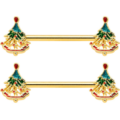 14G 9/16 Red Gem Gold Hue Deco Holiday Tree Barbell Nipple Ring Set
