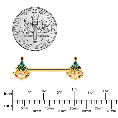 14G 9/16 Red Gem Gold Hue Deco Holiday Tree Barbell Nipple Ring Set