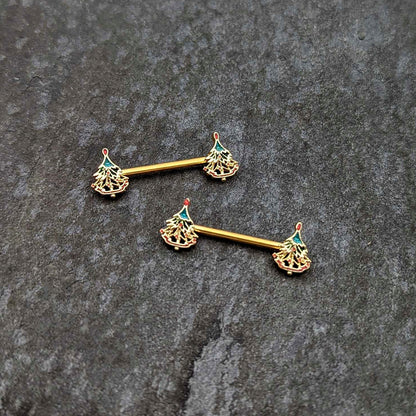 14G 9/16 Red Gem Gold Hue Deco Holiday Tree Barbell Nipple Ring Set