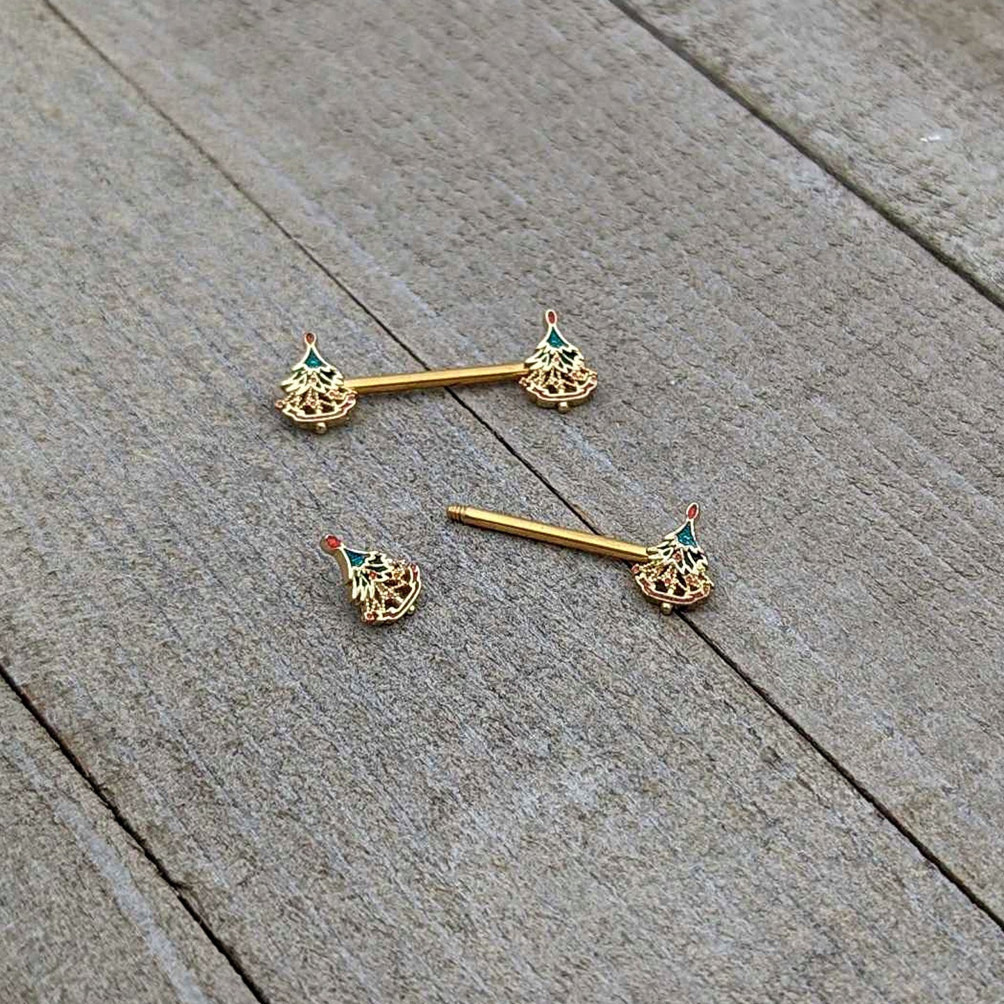 14G 9/16 Red Gem Gold Hue Deco Holiday Tree Barbell Nipple Ring Set