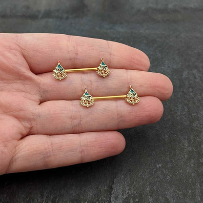 14G 9/16 Red Gem Gold Hue Deco Holiday Tree Barbell Nipple Ring Set
