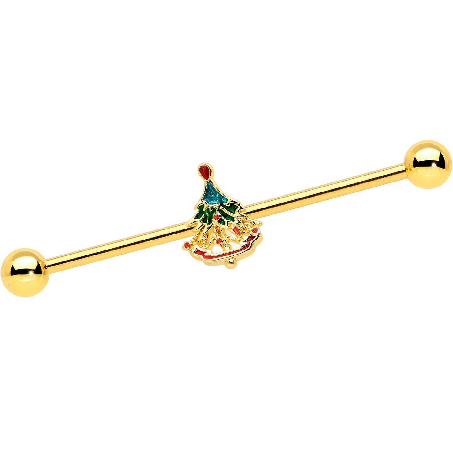 14G Red Gem Gold Tone Deco Holiday Tree Industrial Barbell 38mm