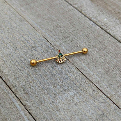 14G Red Gem Gold Tone Deco Holiday Tree Industrial Barbell 38mm