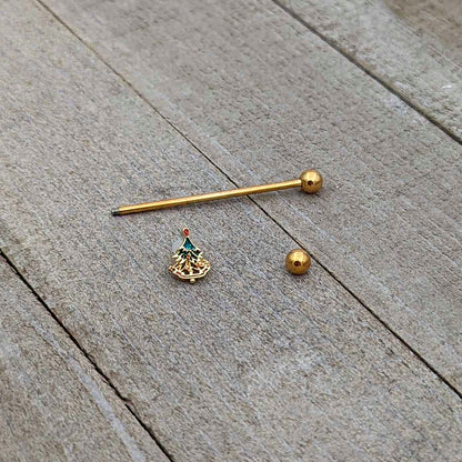 14G Red Gem Gold Tone Deco Holiday Tree Industrial Barbell 38mm
