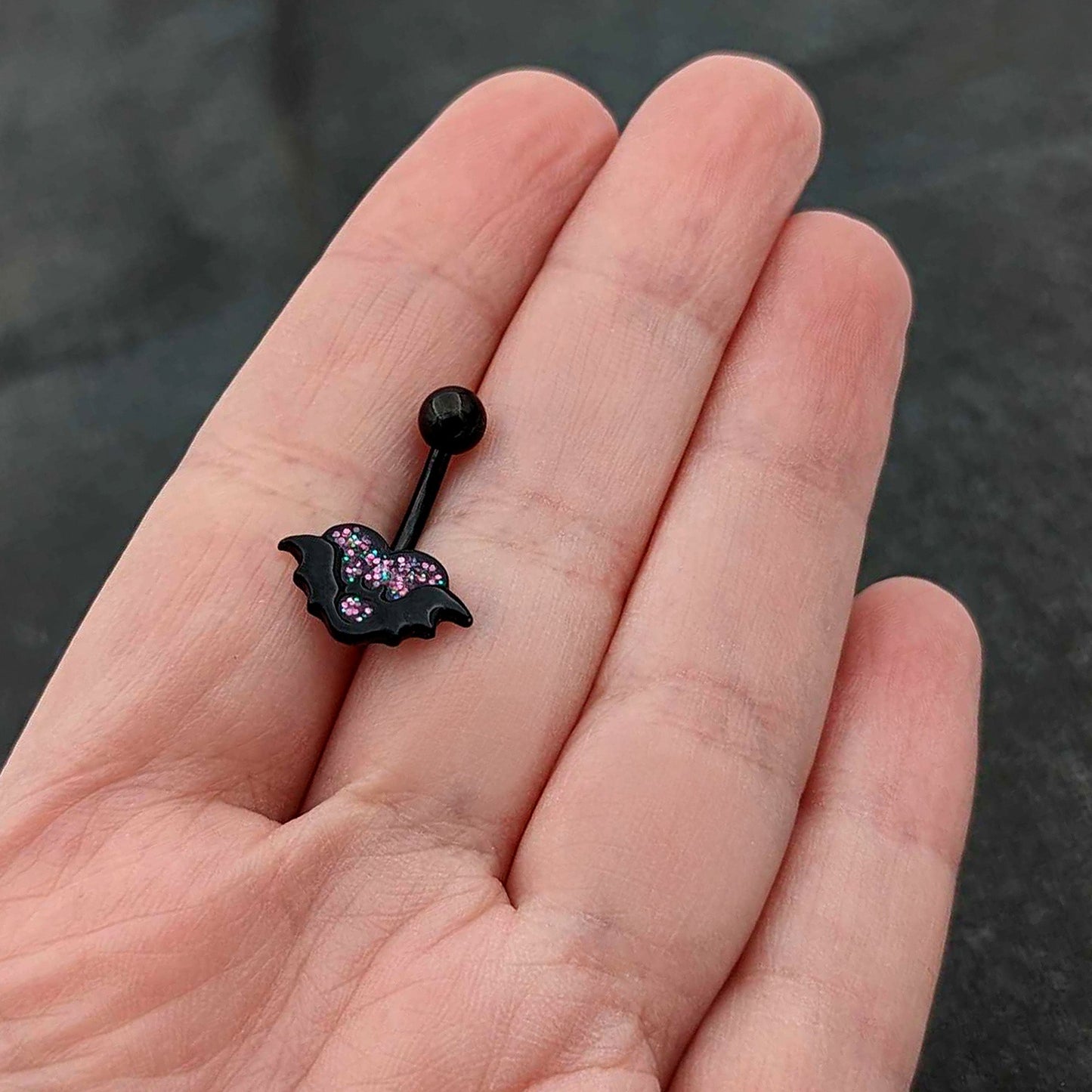 Black Bat Heart Halloween Pink Green Belly Ring